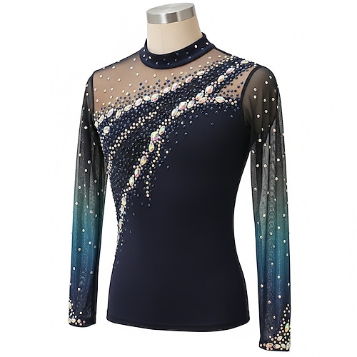 Maglia da pattinaggio artistico Per uomo Pattinaggio sul ghiaccio Top Blu marino scuro Patchwork Elasticizzato Allenamento Competizione Vestiti da pattinaggio sul ghiaccio Classico Cristallo / Strass
