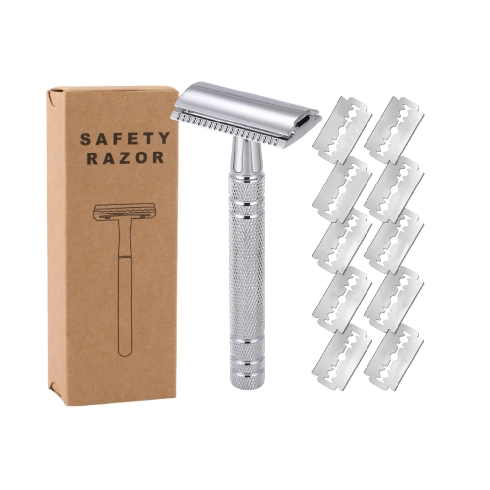 Hochwertiges Rasierwerkzeug für Herren/Damen, Doppelkanten-Sicherheitsrasierer mit 10 Stück Edelstahlklinge Image