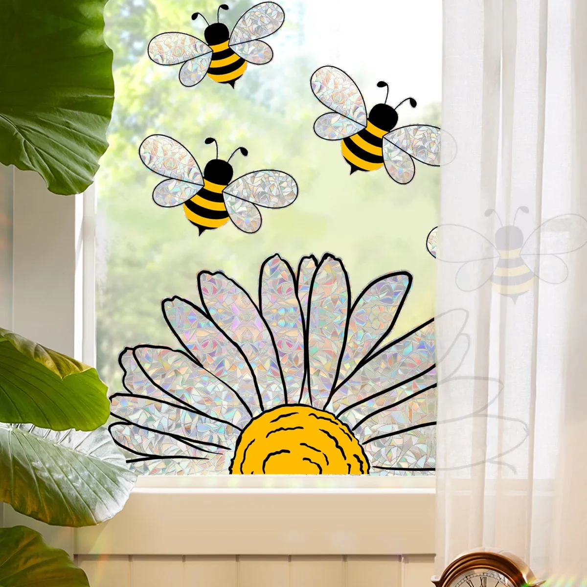 Bunte Sommer Sonnenblumen Bienen Fenster Aufkleber Set Frühling Fenster Aufkleber Statische Glas Dekor Aufkleber Für Home Office Dekoration Image