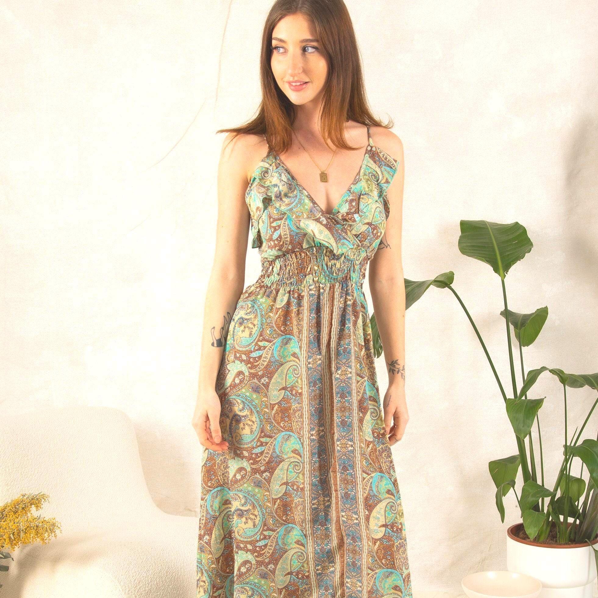 Abito lungo boho con stampa cachemire verde, abito estivo boho, abito da festival da donna, abito Ibiza, abito lungo da dea, abbigliamento boho