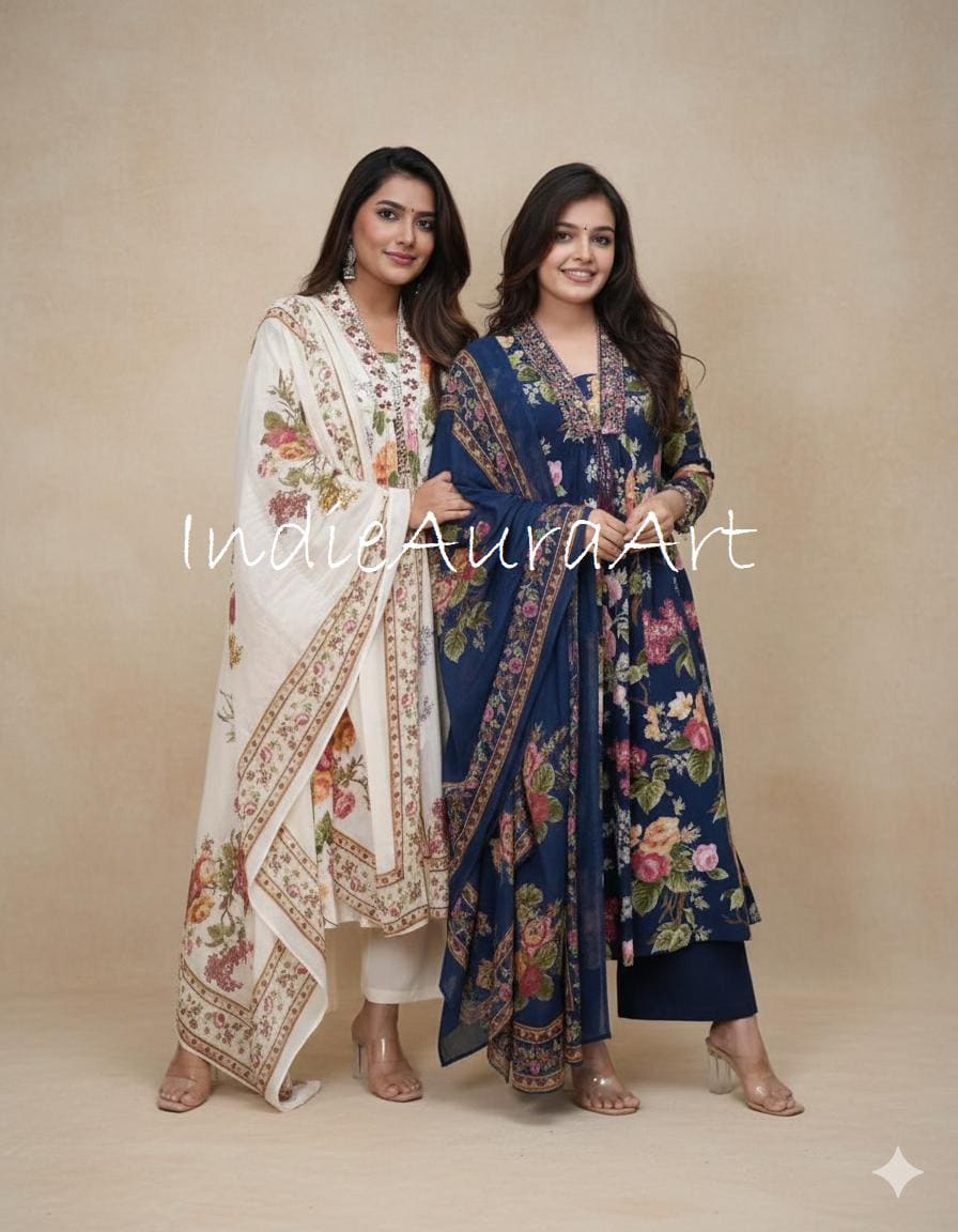 Pantaloni Kurta in cotone ricamato blu con set Dupatta, Kurti bianco indiano, set kurti etnici,