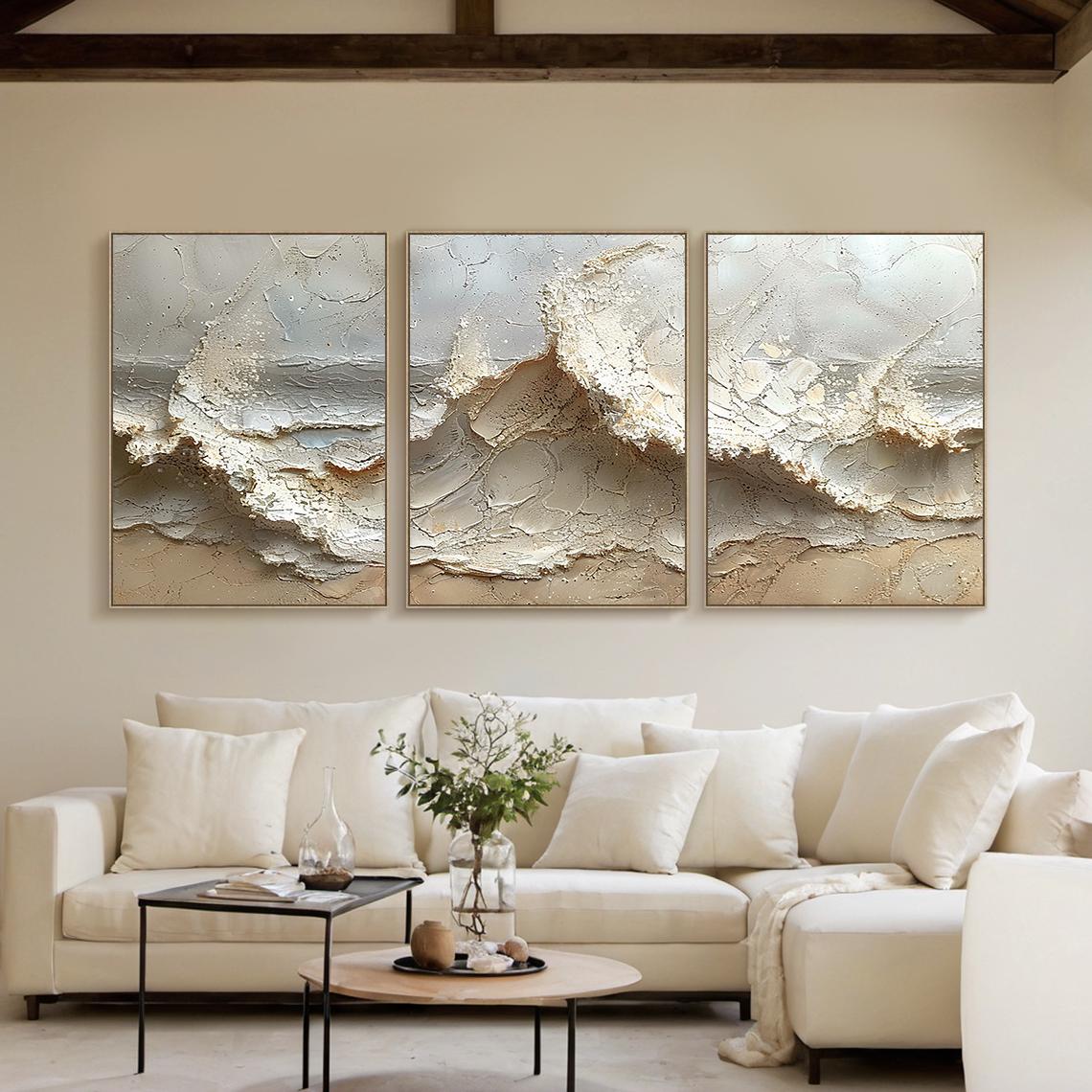 Set di 3 quadri da parete con onde oceaniche, quadri astratti con texture marine, dipinti a olio 3D su tela, quadri costieri dai toni neutri, quadri d