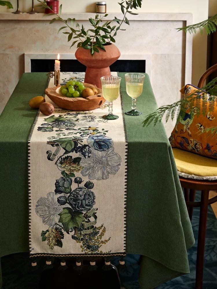 Runner da tavolo vintage floreale verde con nappe, elegante decorazione da tavolo botanica, runner da tavolo da pranzo in stile cottage inglese