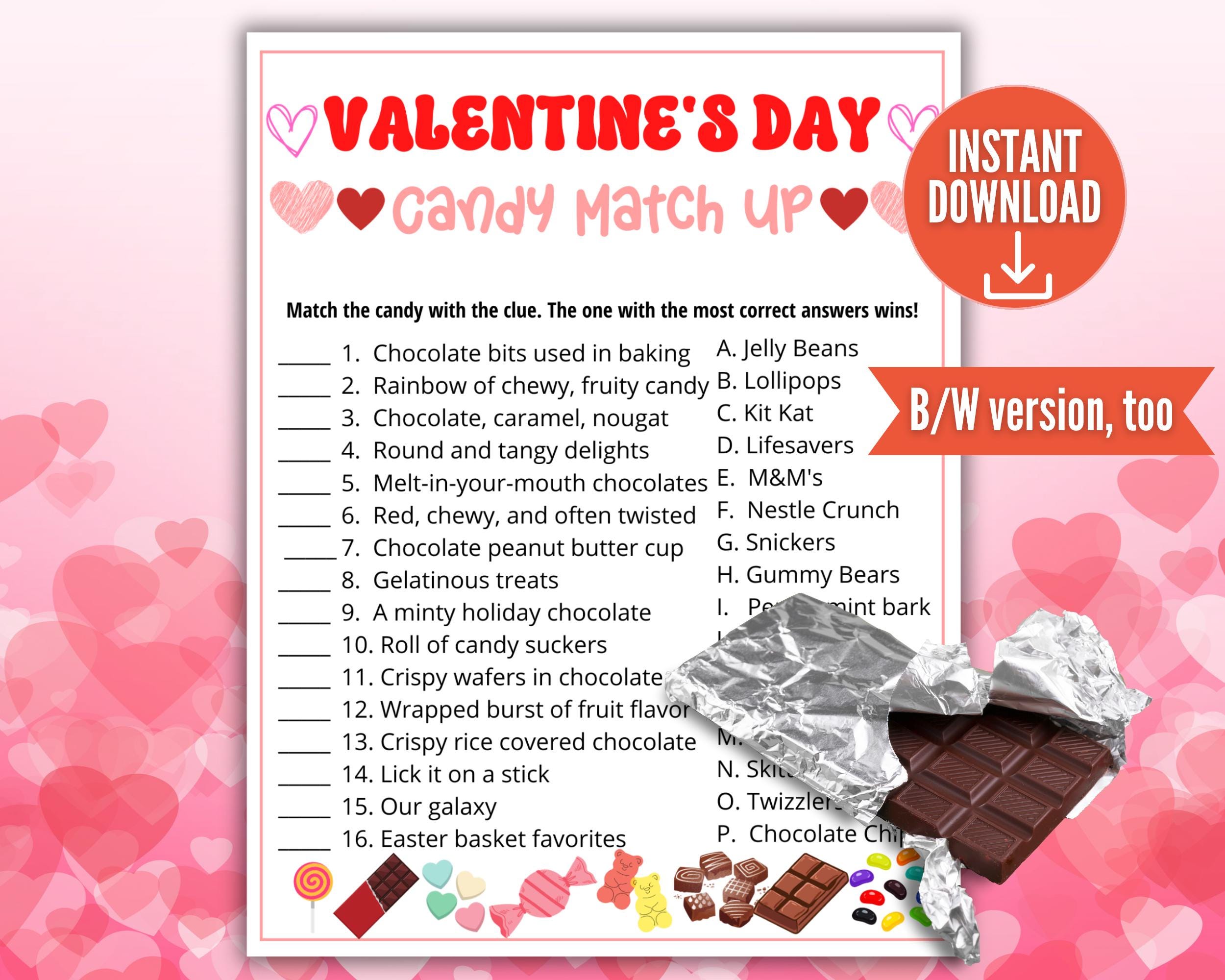 Gioco di caramelle per San Valentino, gioco per feste di San Valentino, quiz sulle caramelle invernali, gioco a quiz per famiglie di San Valentino per