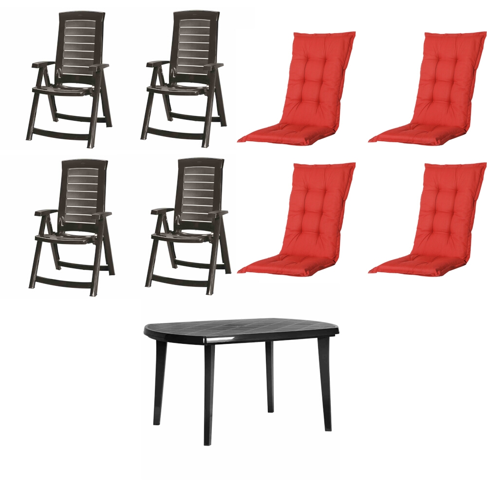 Jardin Aruba+Elise SET bestehend aus 4x Klappsessel graphit, 1x Tisch graphit, 4x Auflage Basic rot Image
