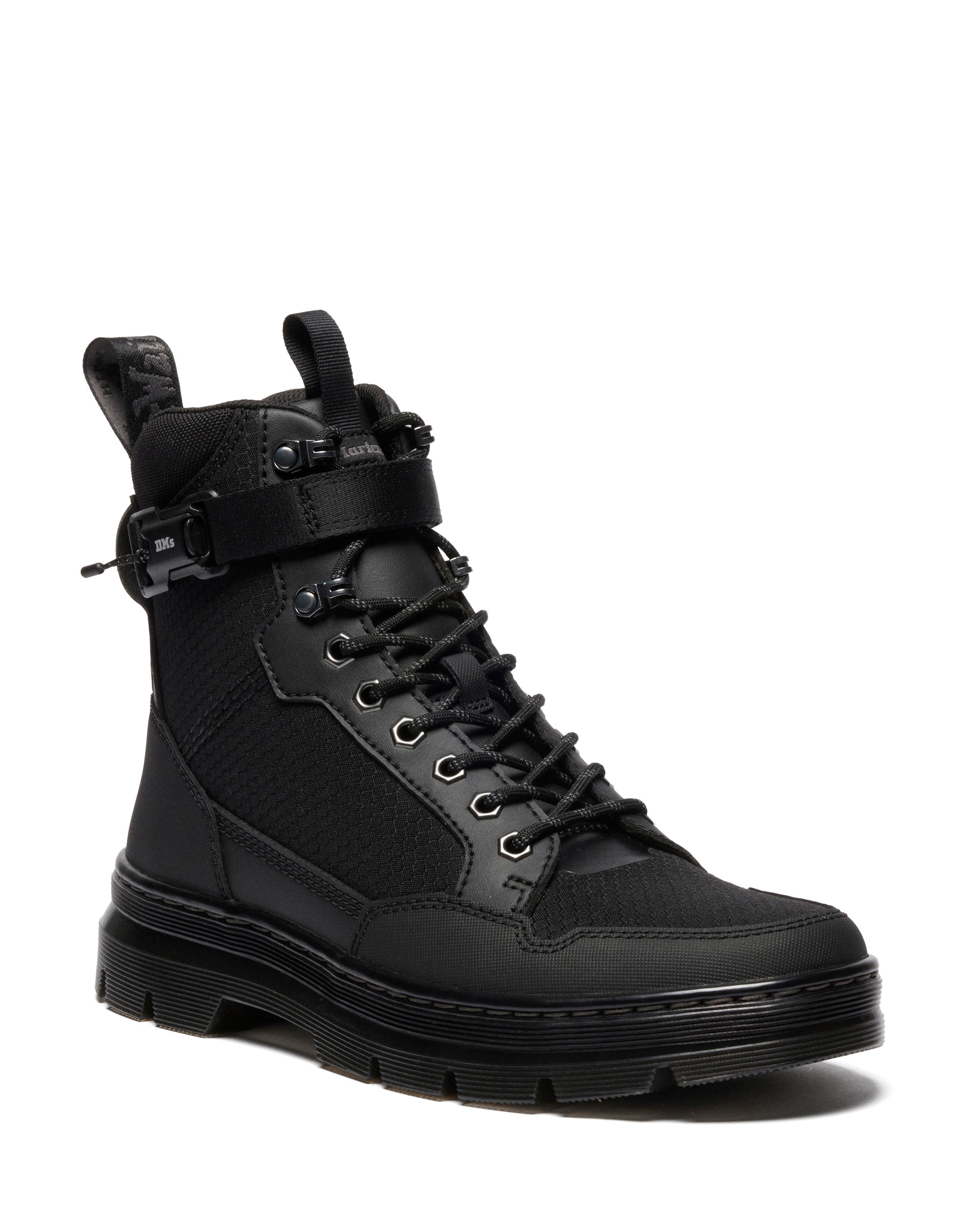 Schnürboots DR. MARTENS "Comstech", Herren, Gr. 44, schwarz, Leder, Polyester, Schuhe Schnürboots, Blockabsatz, Workerboots mit Logoschriftzug