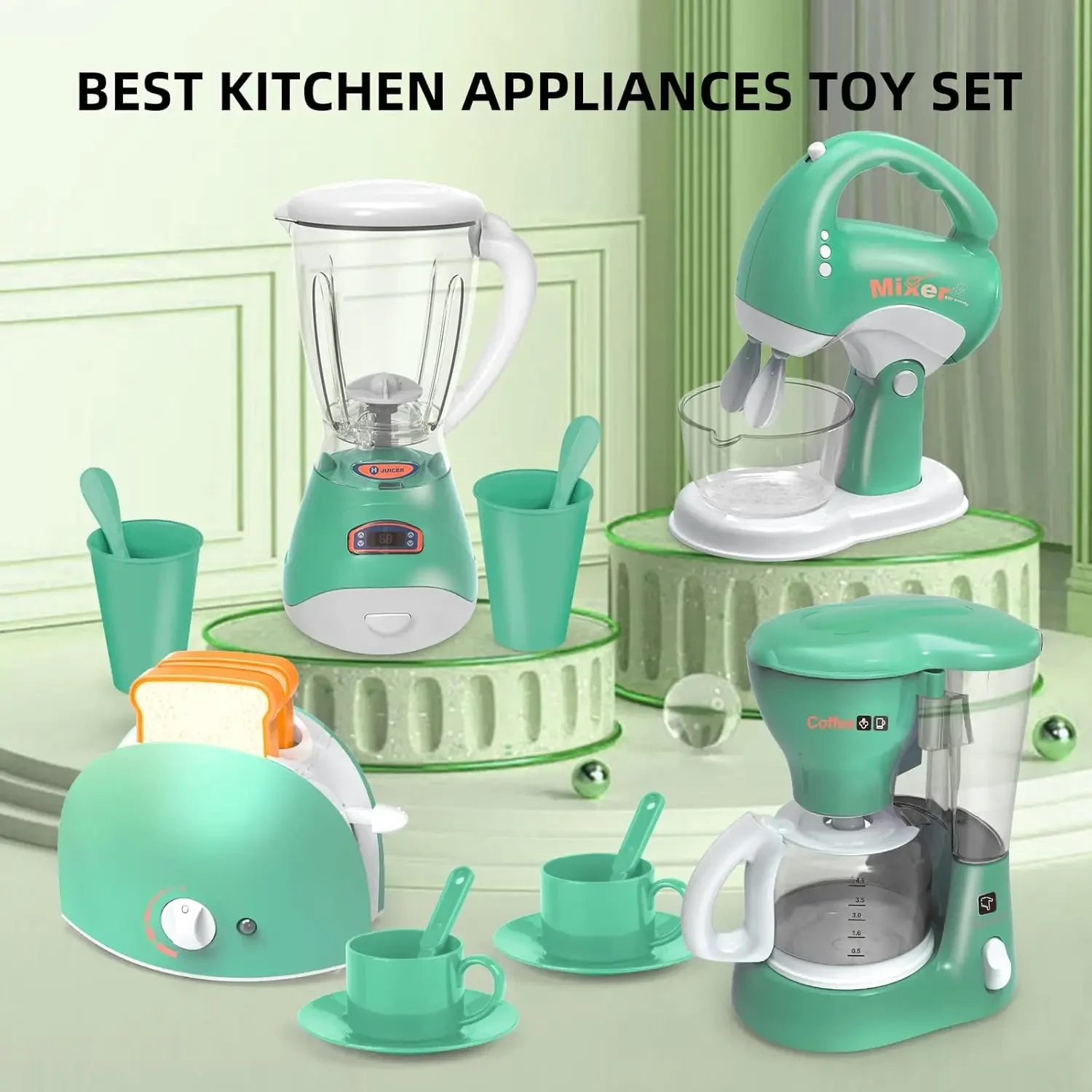 Kids Kitchen Playset With Sound & Light, Coffee Maker, Toaster, Blender, Mixer, Pretend Play Appliance Set juicer