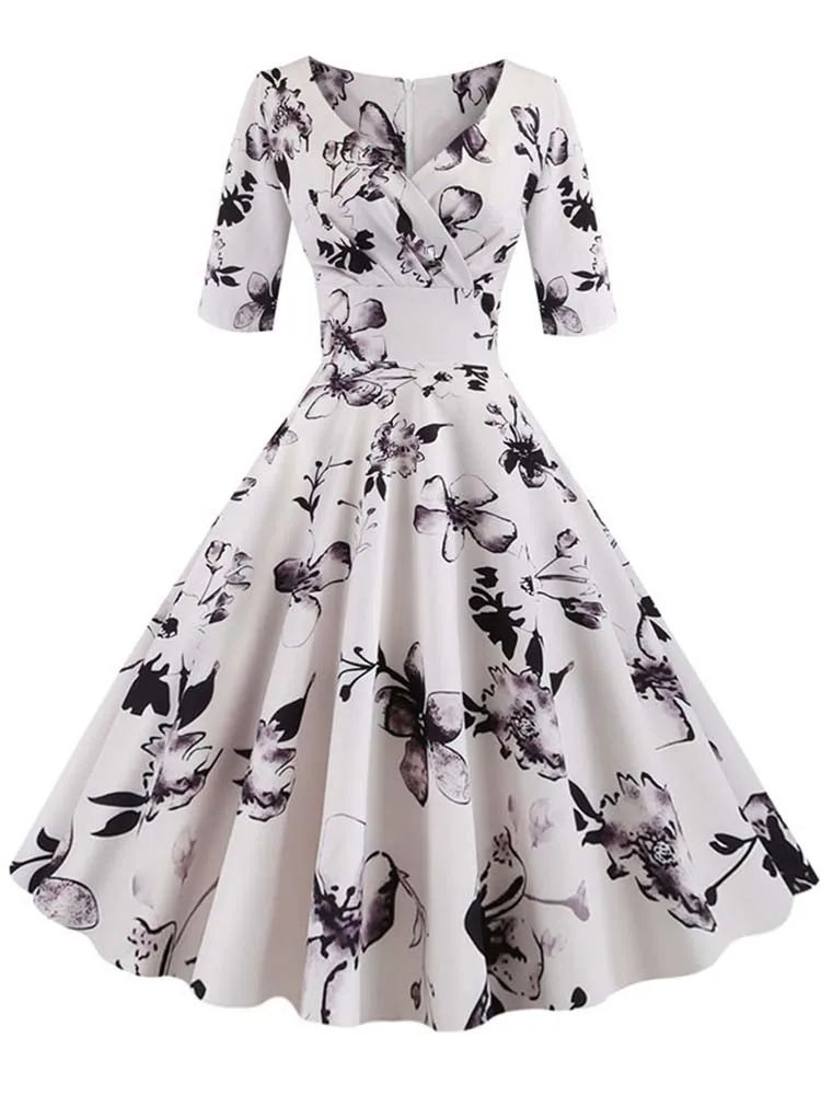 Vintage Floral A Line Summer Dress Half Sleeve Black Retro Party Dress For Women 2 s(us 4)