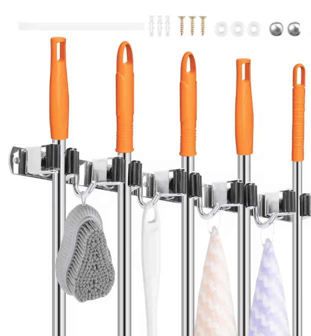 SteelHold Wall Mounted Mop And Broom Organizer Stainless Steel Holder 5pcs 5 Clips 4 Hooks