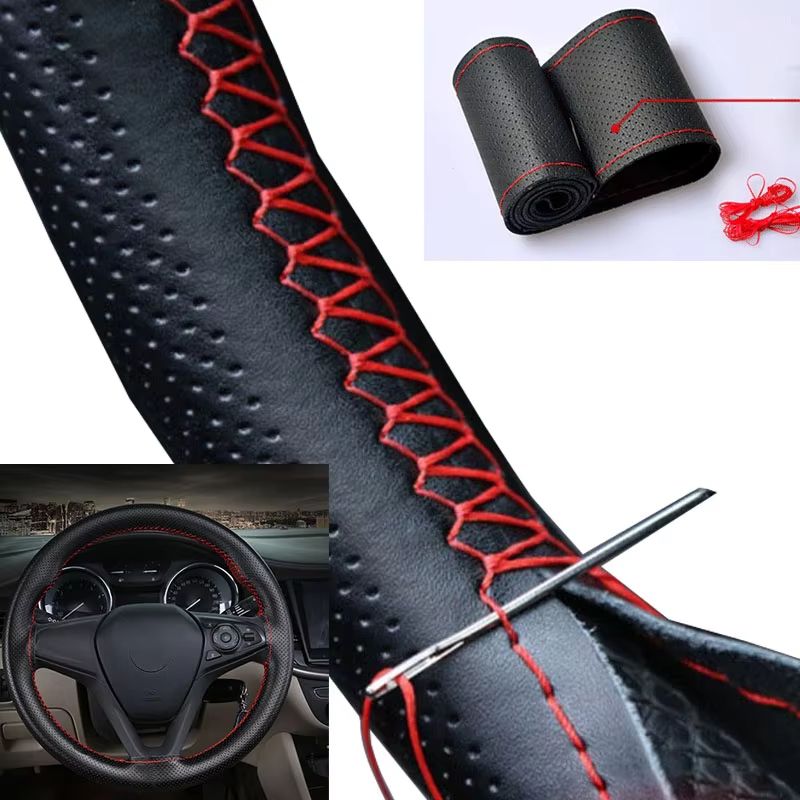 Car Steering Wheel Cover DIY Stitching Kit With Artificial Leather Thread And Needles 3 Color Suite black