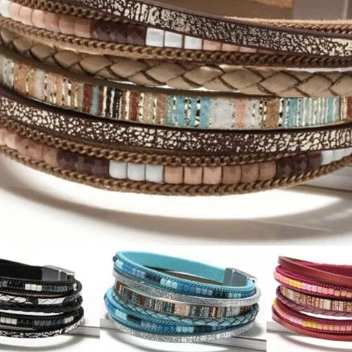 Men's And Women's Boho Multilayer Leather Bracelet, Bangle Wristband Jewelry Set C, Trendy Boho Jewelry Gift For Him black