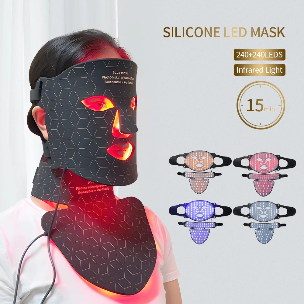 Advanced LED Phototherapy Facial & Neck Rejuvenation Mask 240 LED Infrared Skin Renewal Technology black Face & Neck