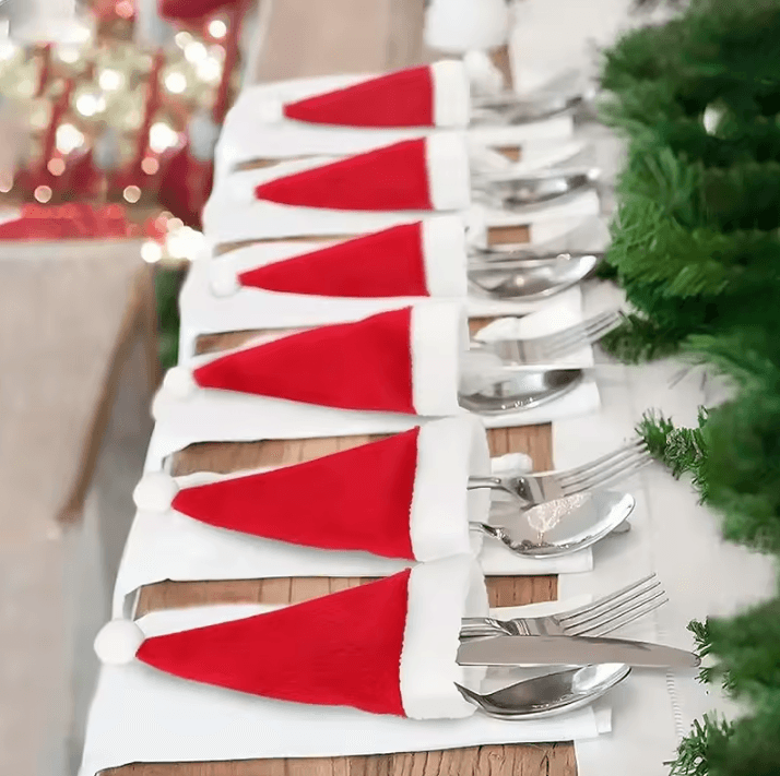 Christmas Table Decorations Mini Santa Hats For Fork, Knife And Cutlery 5pcs