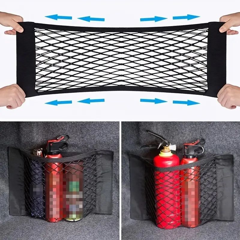 Universal Car Storage Net Double Mesh Trunk Organizer For Fire Extinguisher And Cargo, Elastic Vehicle Storage Bag 9.84 In 23.62 In