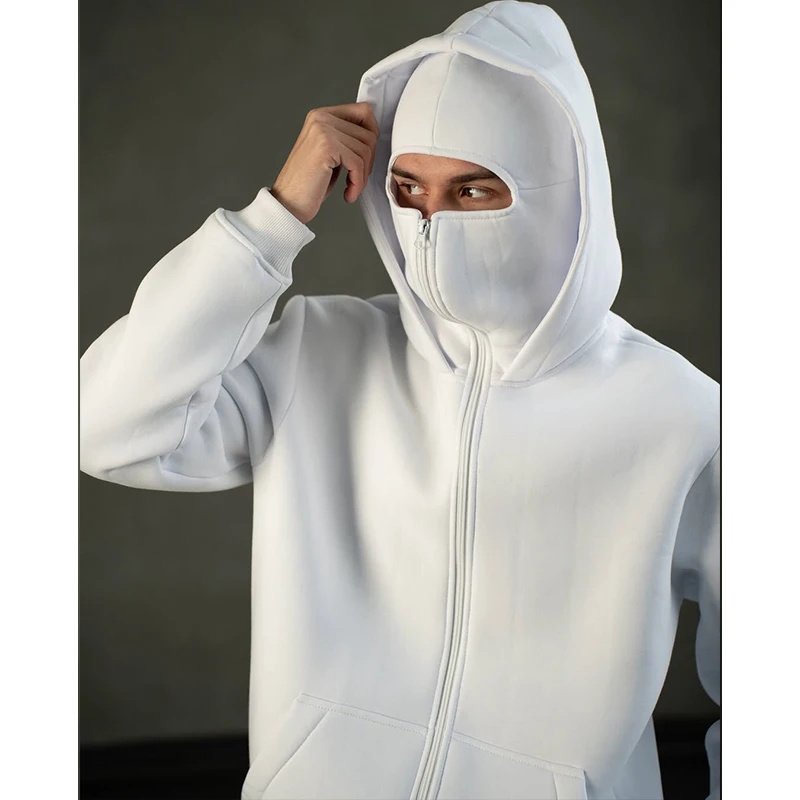 Men Balaclava Hoodie Double Hooded Sweatshirt With Zipper Mask For Gothic Streetwear white s