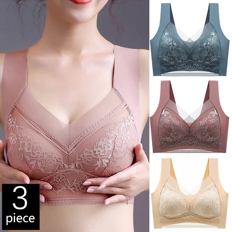 FallSweet 3PCS Lace Push Up Bras For Women Sexy Wireless Ice Silk Deep V Bralette Tops mixed 13 5xl