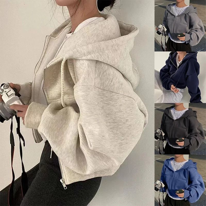 Slim Fit Fleece Lined Cropped Zip Up Smooth Silhouette Navy Hoodie black m