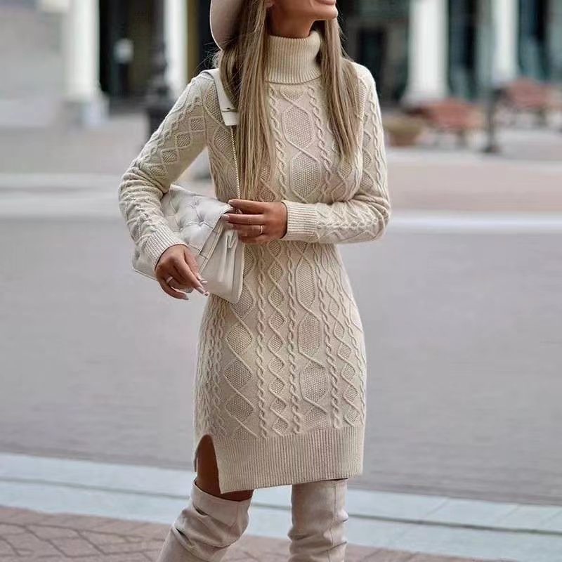 Elegant Winter Knit Sweater Dress With Wrap Hip Skirt And High Neck khaki s
