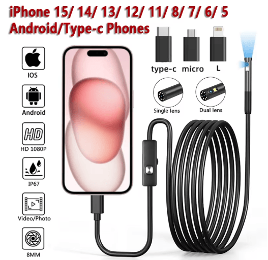 InstaScope 8mm 1080P Endoscope Inspection Camera For IPhone And Android 8mm Dual Lens 3m