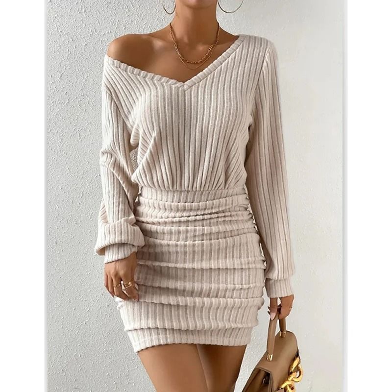 Women's Autumn Winter Knitted V Neck Wrap Sweater Dress Casual Bodycon Mini Robe beige xl