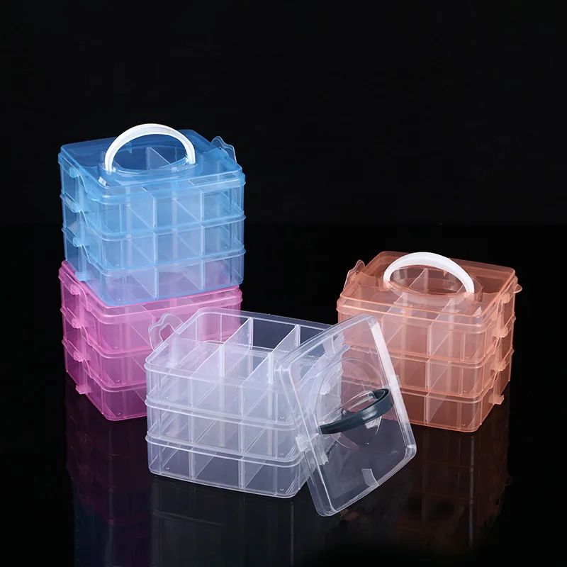 3 Layer 18 Grid Portable Storage Organizer Box pink