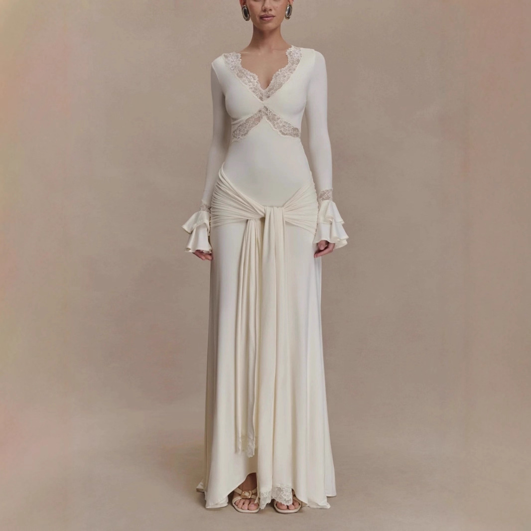 Elegant Long Sleeve Maxi Dress For Women Lace Patchwork V Neck Backless Draped Ruched Club Party Dress white m