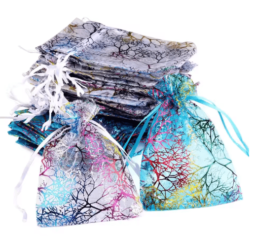 Organza Gift Bags With Drawstring Colorful Tree Print Jewelry & Party Packaging (100pcs) purple 13x18cm 100 Pcs
