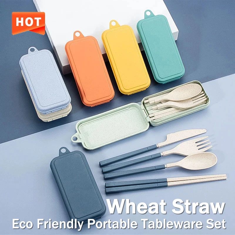 EcoLite 4 Piece Portable Travel Cutlery Set Sustainable Eco Friendly Wheat Straw Tableware With Case light Blue