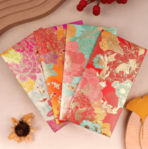 Floral Thank You Cards With Golden Accents (6 Pack) Elegant Greeting Cards & Lucky Money Envelopes red