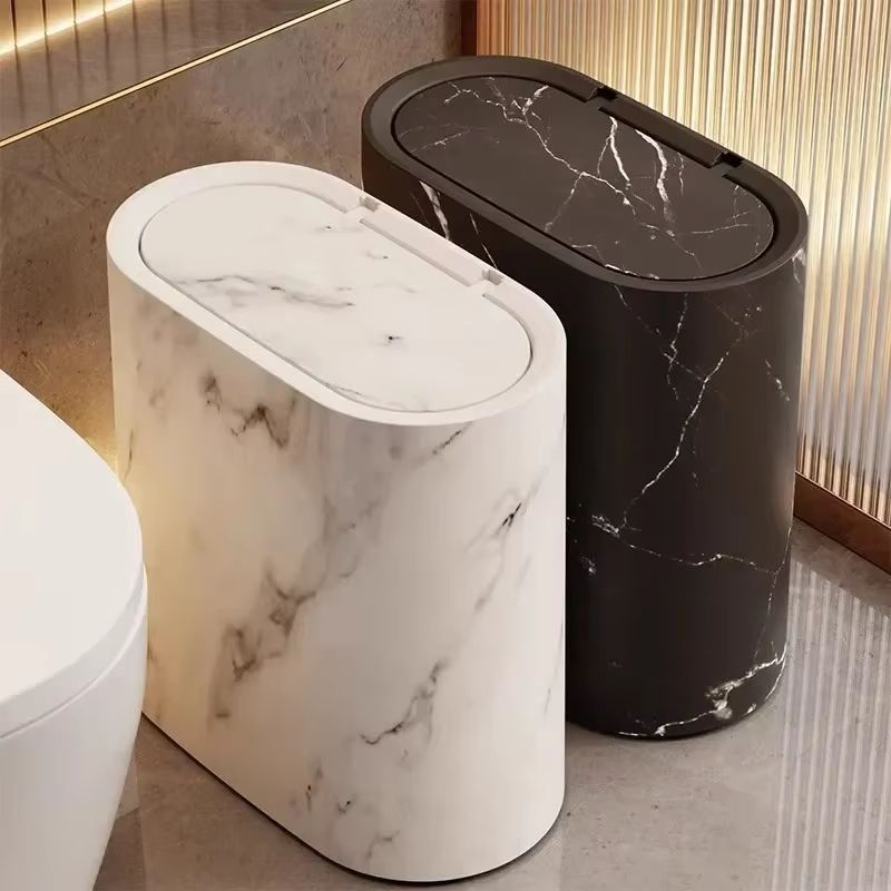 Nordic Marble Texture Slim Press Top Bathroom Trash Can Odor Proof white