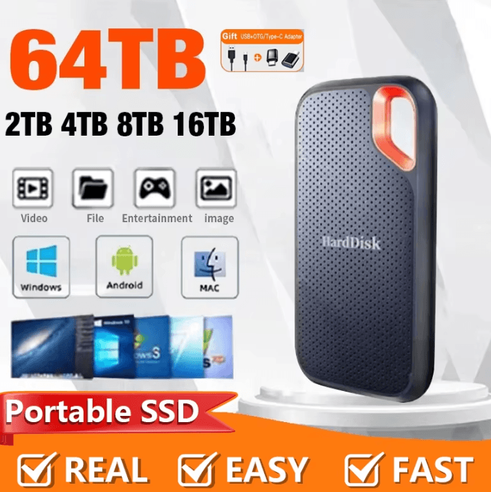 High Speed Portable SSD 128TB 256TB External USB C Storage Drive For Laptop And PC 30tb