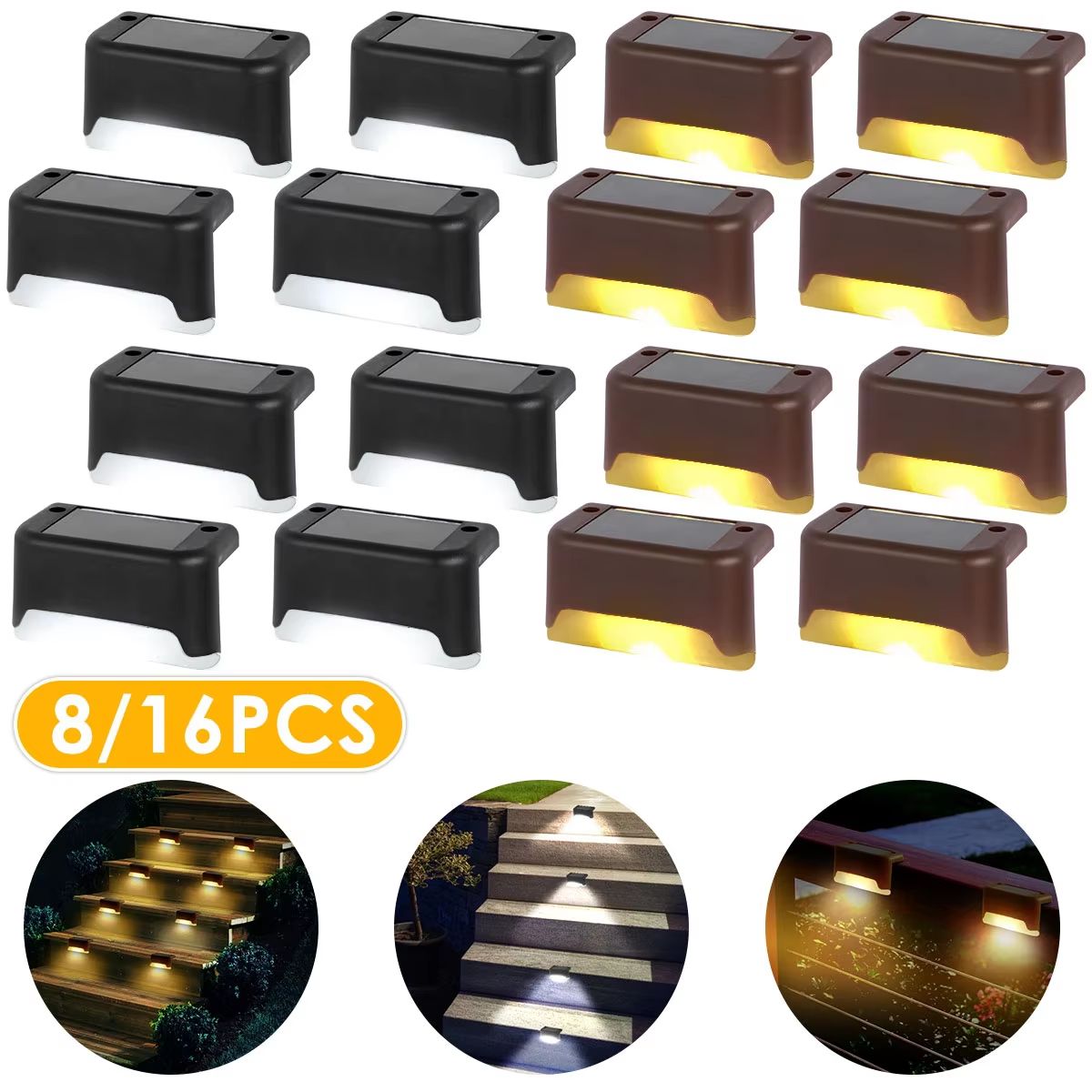 Solar Warm White Super Bright Outdoor Step And Fence LED Lights IP65 Waterproof Garden Patio Wall Lamp 16 Black Warm Light