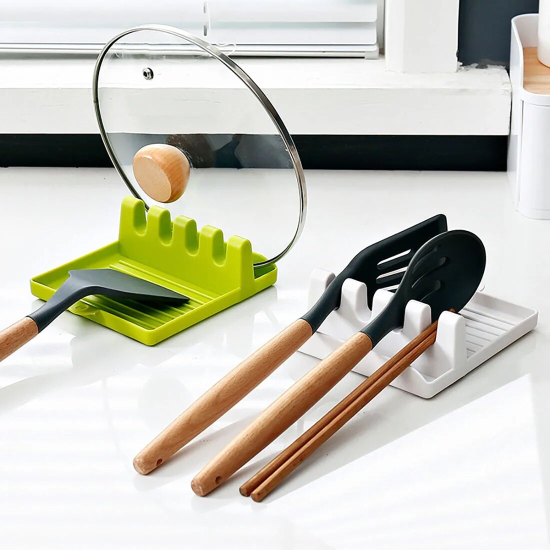 Kitchen Utensil Rack & Pot Lid Holder Space Saving Shelf For Spoons, Chopsticks & More grey