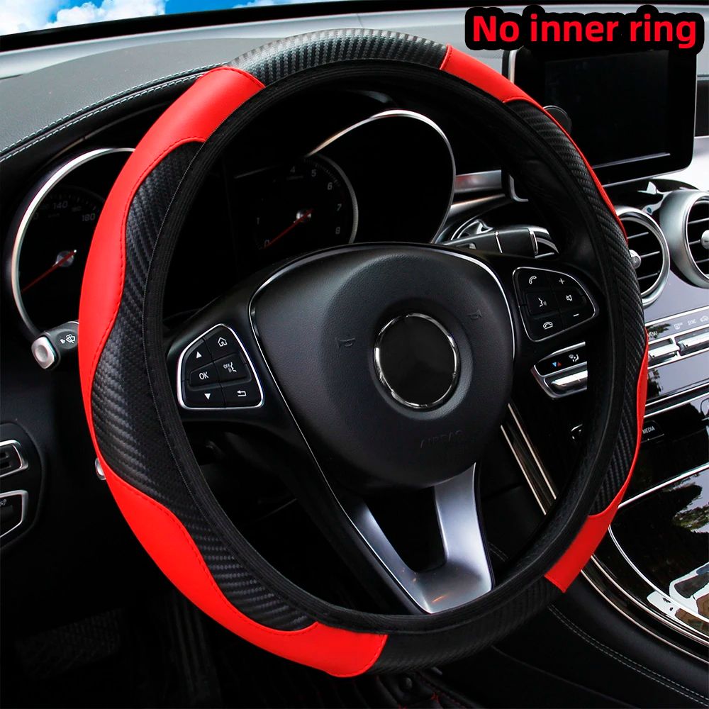 PU Carbon Fiber Leather Steering Wheel Cover For 14.5 15 In Cars (No Inner Ring) black