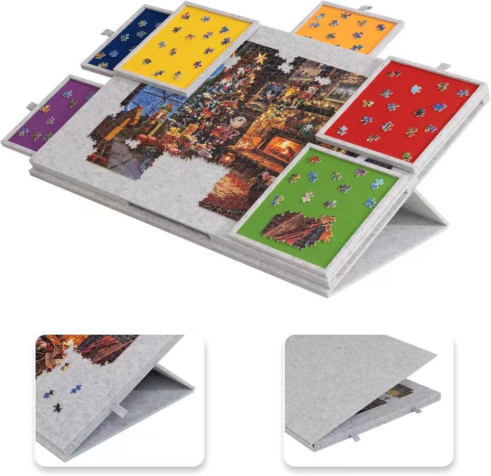 Portable Organizer For Unfinished Puzzles, Foldable Puzzle Mat With Sorting Trays Felt Jigsaw Puzzle Storage Mat light Gray