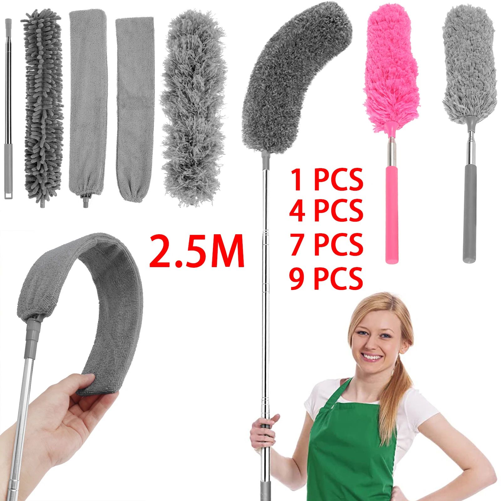 Extendable Microfiber Duster Kit Telescopic Duster With Extension Pole Up To 100" For High Ceilings & Fans 4 Pc 2.5m