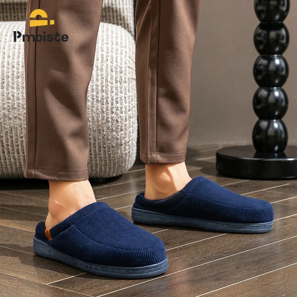 Mens Warm Slippers Memory Foam Non Slip Corduroy House Shoes blue 44 45