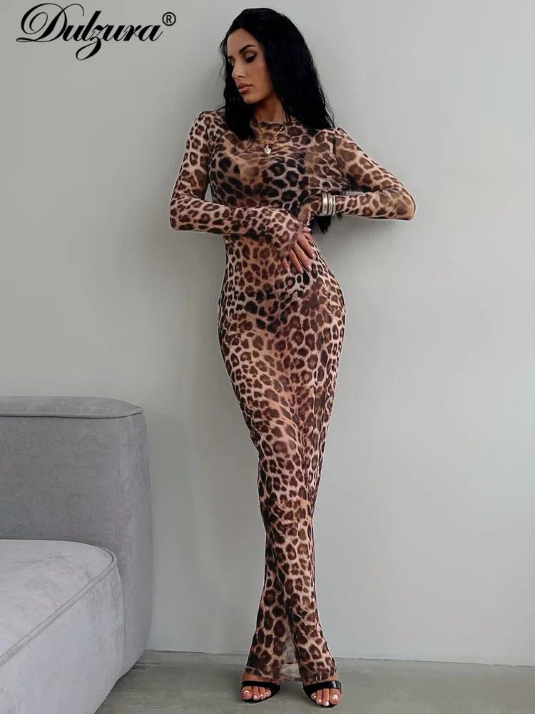 Leopard Print Long Sleeve Maxi Dress Elegant Y2K Bodycon Party Dress For Women b xs(us 2)
