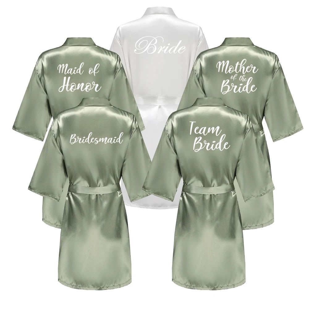 Grass Green Satin Bridal Party Robes With White Letter Bridesmaid Style bride (sage Green Classic Scri l