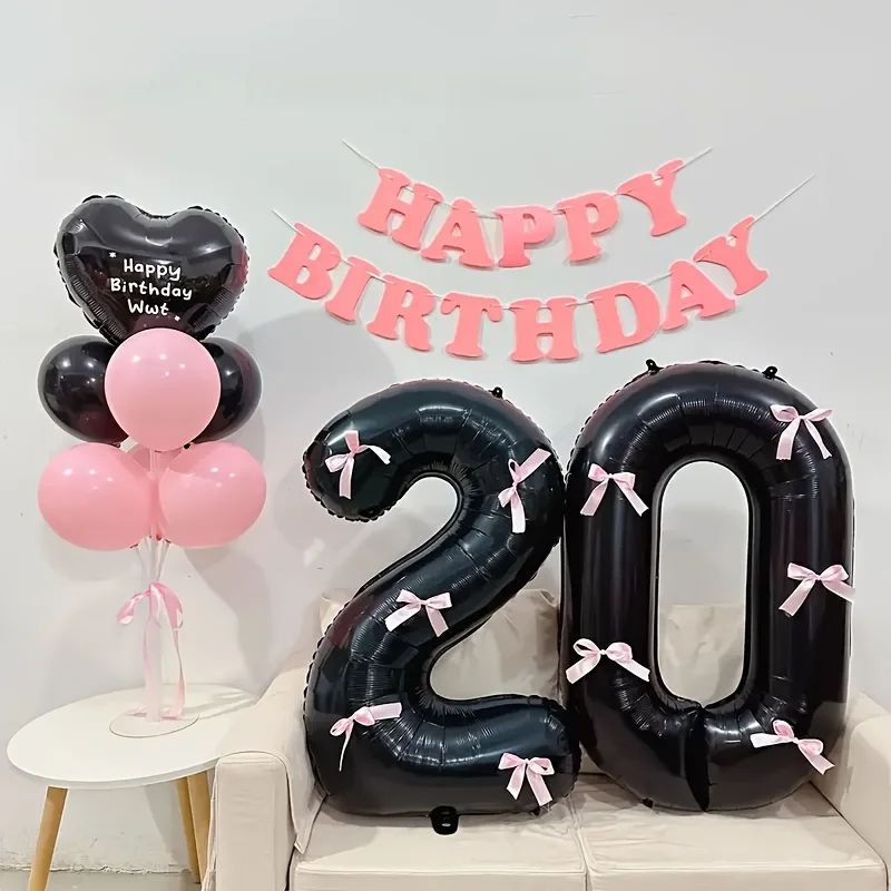 Black Number Balloon With Pink Bow 1 32inch