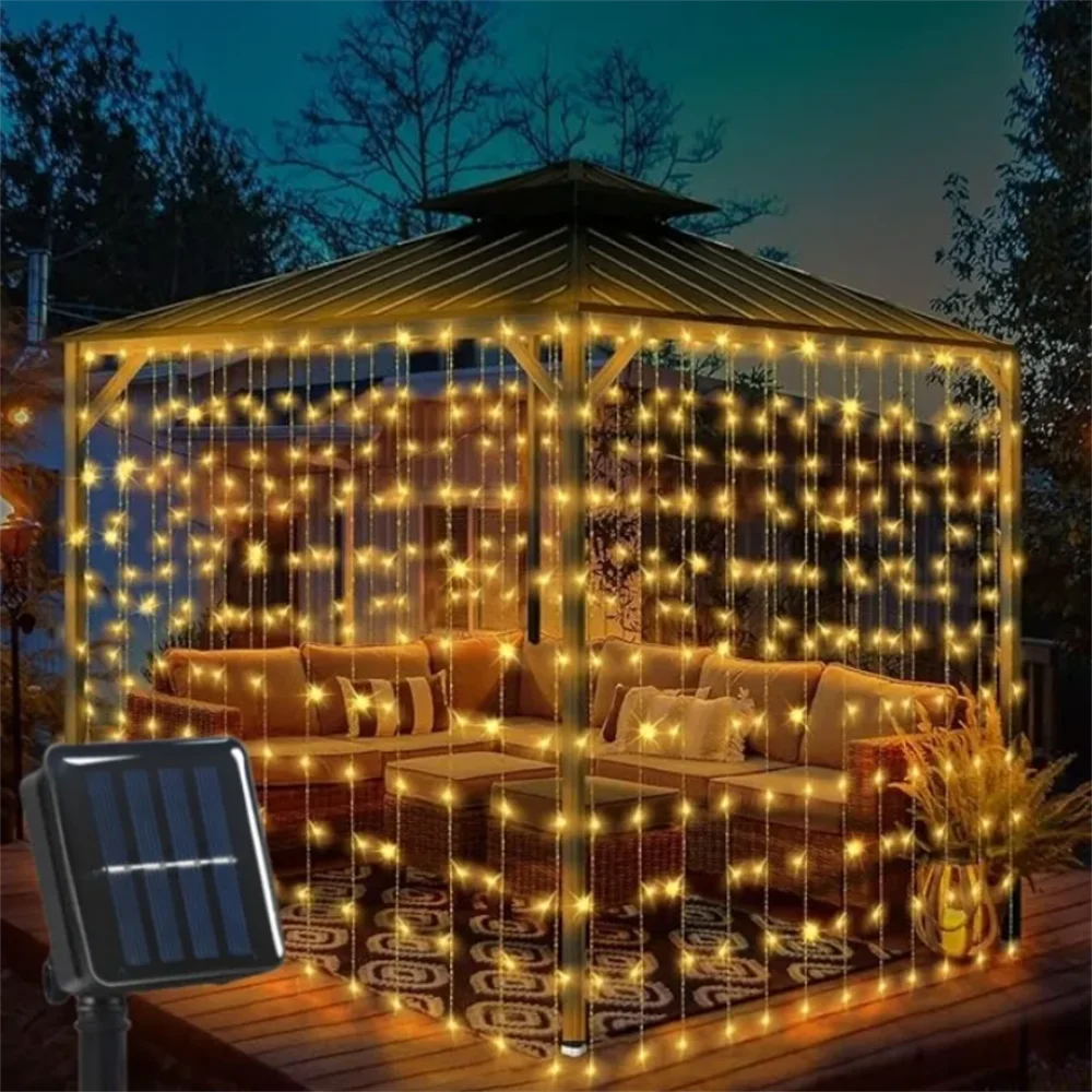 100/200/300LED Solar Curtain Lights Outdoor 8 Modes Outdoor Solar Curtain String Light Solar Garden Christmas Lights Decortions