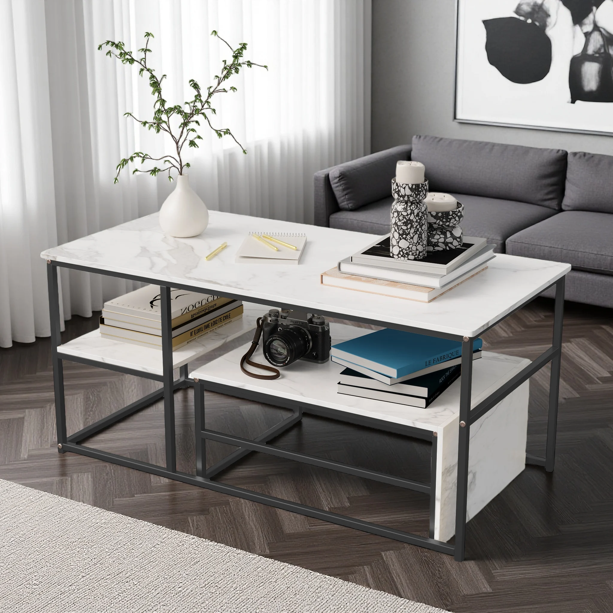 Superaly 2-in-1-Couchtisch mit Kunstmarmor-Effekt, schwarzer Metallrahmen, stapelbarer Beistelltisch, Sofatisch für Wohnzimmer, Schlafzimmer