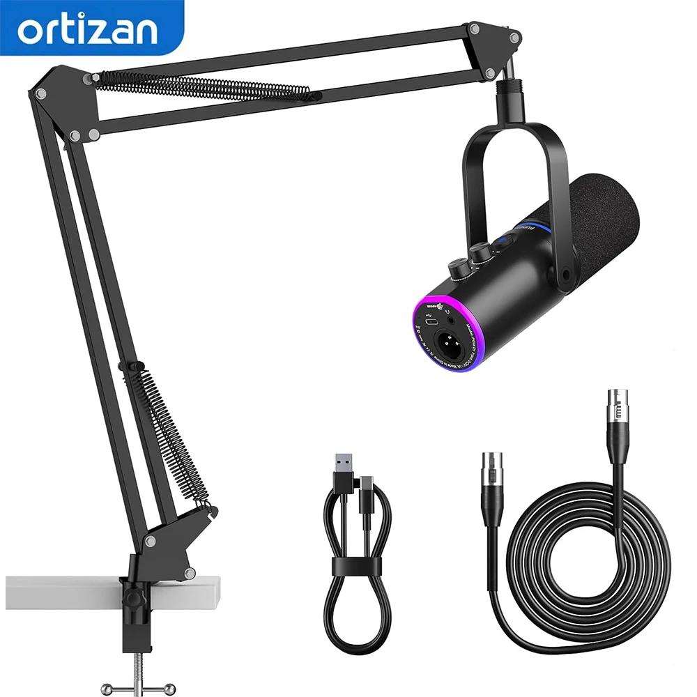 XLR/USB-Podcast-Mikrofon, Gaming-Mikrofon mit Stummschalttaste, Halleffekten, Geräuschunterdrückung, Mikrofonarm-Ständer, Kopfhörerbuchse Image