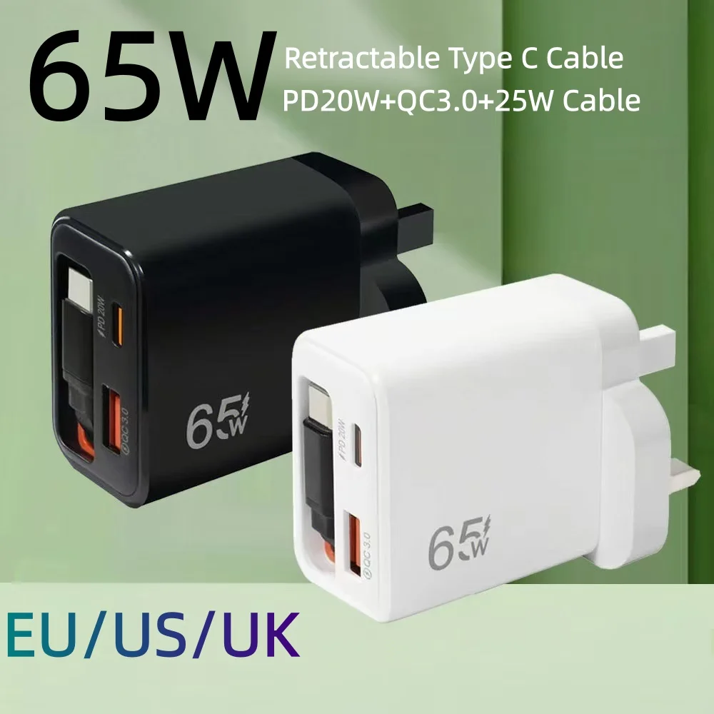 65 W Schnellladegerät USB C Ladegerät mit einziehbarem Typ-C-Kabel PD Schnellladung für iPhone 16 15 MacBook Samsung Laptop iPad Image