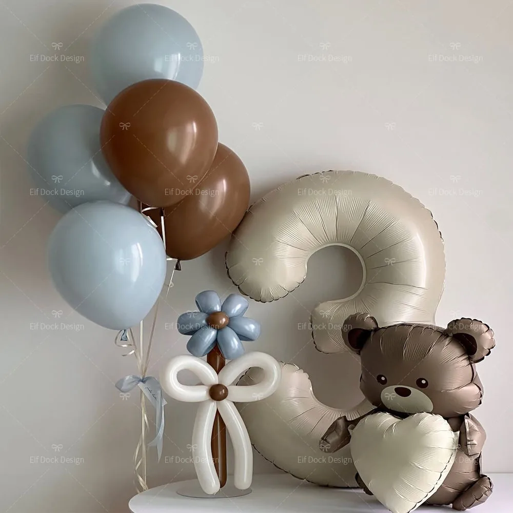 1Set Creme Zahl Matt Braun Umarmt Bär Folie Ballon Set Geburtstag Party Willkommen Baby Party Dekorationen Baby Dusche Geschenke Image