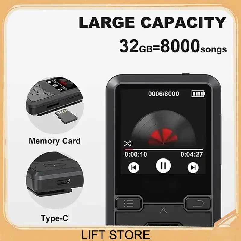 BTLIFE-Mini pince arrière 32GB lecteur MP3 sonore sans perte avec BT 5.0, podomètre Radio FM, nouveau Design Mini lecteur de musique 1.44 pouces