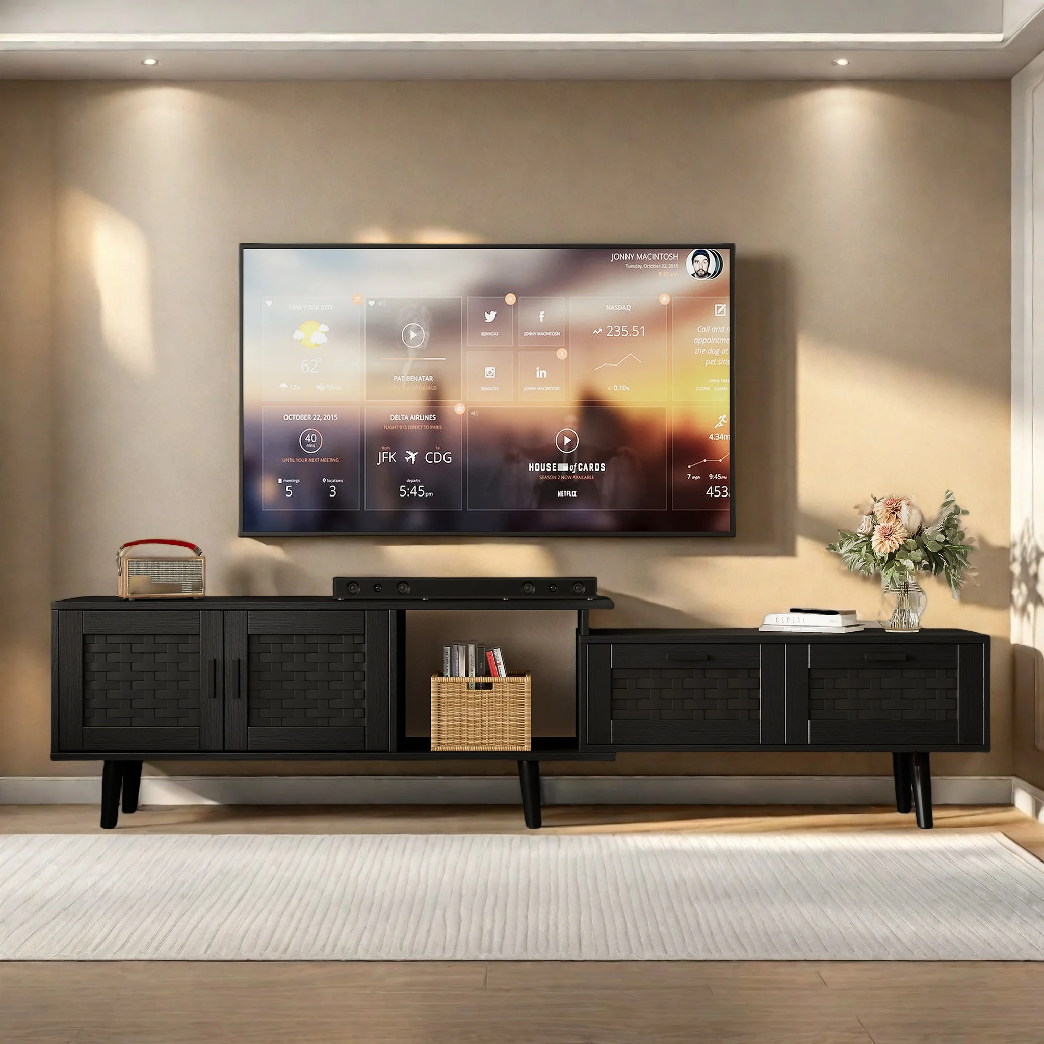 Meuble TV Bois Extensible, Meuble TV Rotin avec 2 Portes et 2 tiroirs, 180cm Meuble Télé pour téléviseur 40-75 Pouces