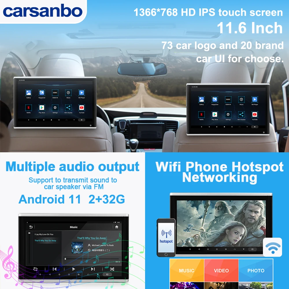 Carsanbo 11,6-Zoll-Kopfstützenmonitore Android 11-Tablet Multimedia-Videospiel-TV Passend für Ford VOLVO Honda AUDI Mercedes BMW VW GM Image