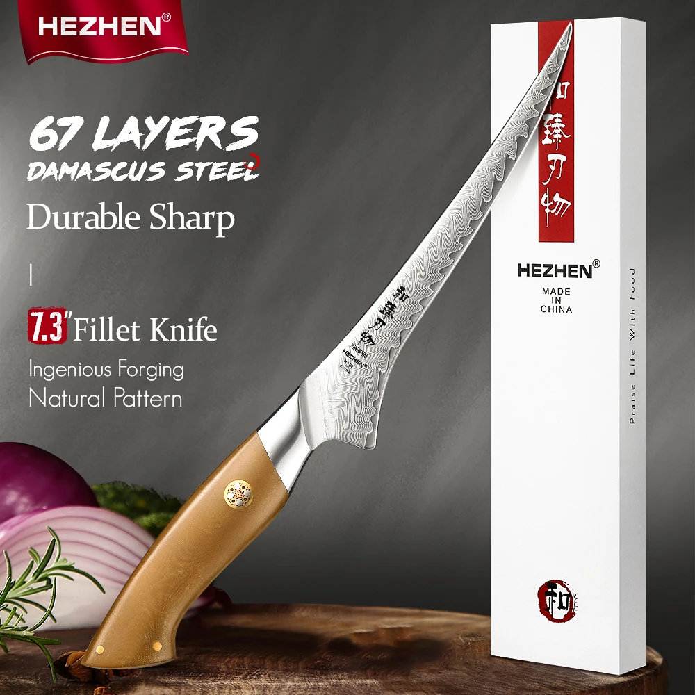 HEZHEN 7,3 Zoll Filetiermesser 67 Schichten Dmascus Stahl Japanischer Koch Scharfes Messer 18,6 cm Chinesische Küche Filetiermesser Geschenkbox Image