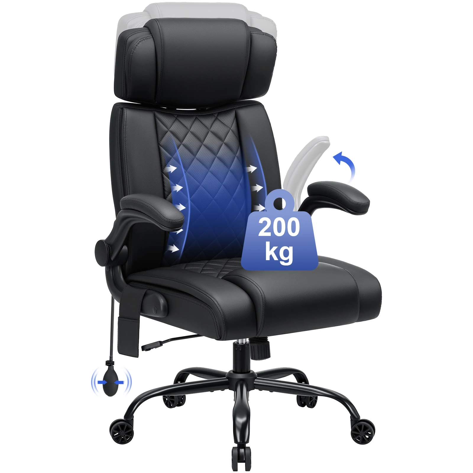 Ergonomischer Bürostuhl mit 200 kg Tragkraft, Lordosenstütze, PU-Leder, Chefsessel mit hochklappbaren Armlehnen, hoher Rückenlehne